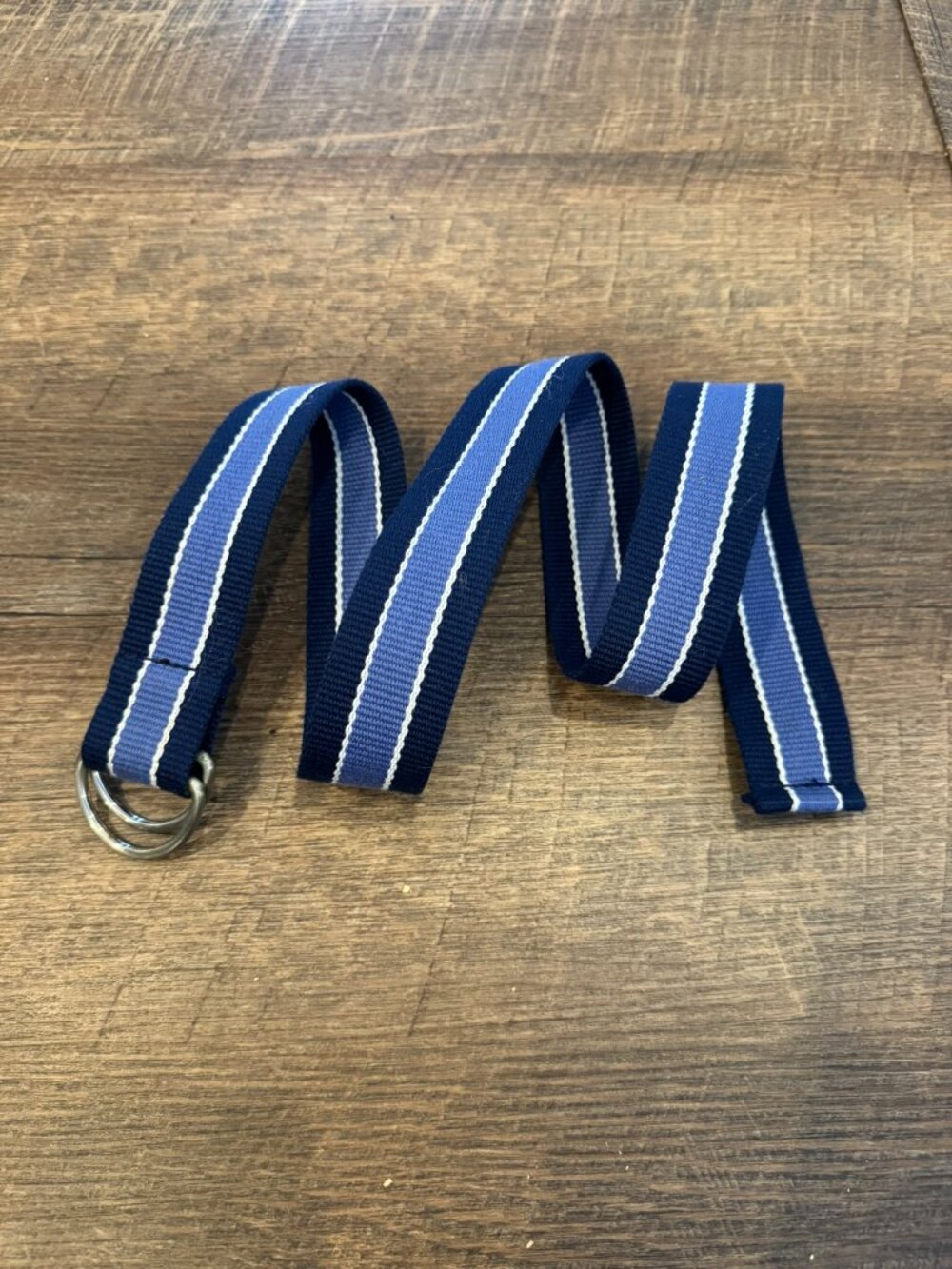 Navy Blue and White Striped Cotton Woven D Ring Belt 1.5" - Women's Size Small